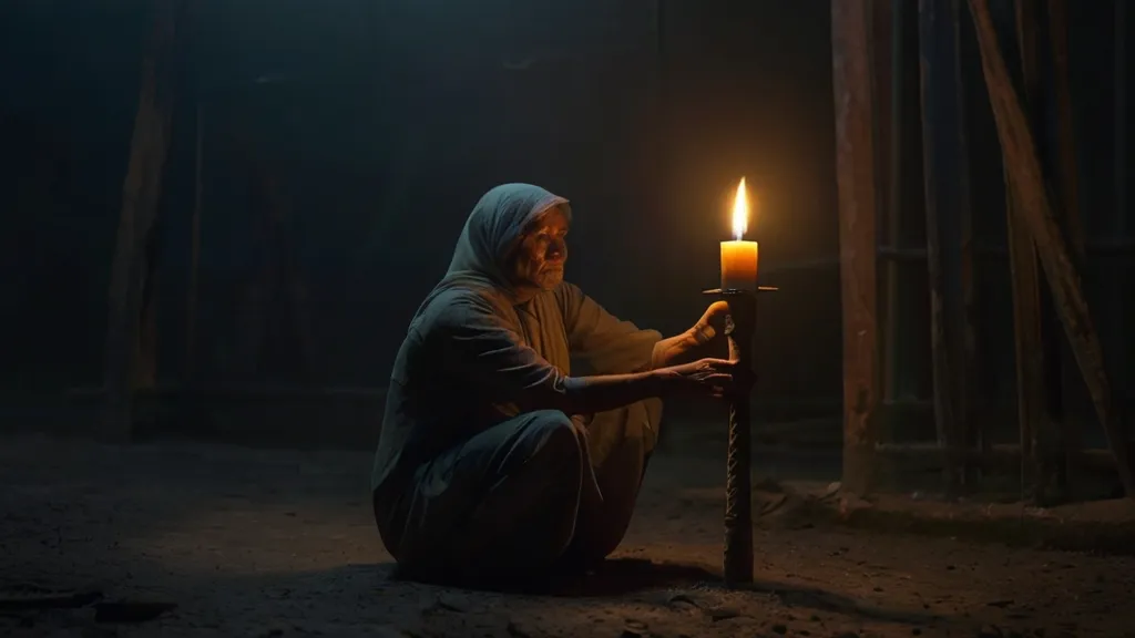 a woman kneeling down holding a lit candle