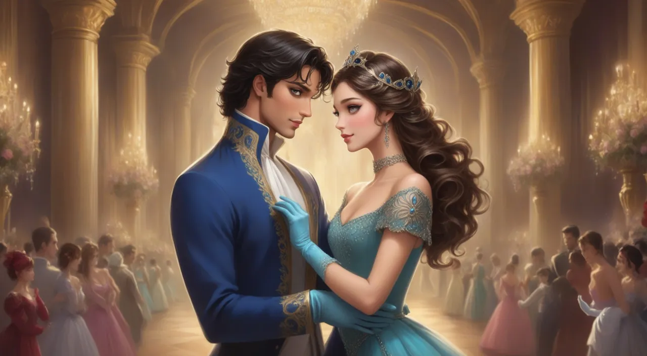 a painting of a adult prince and a beautiful princess in a ballroom dancing