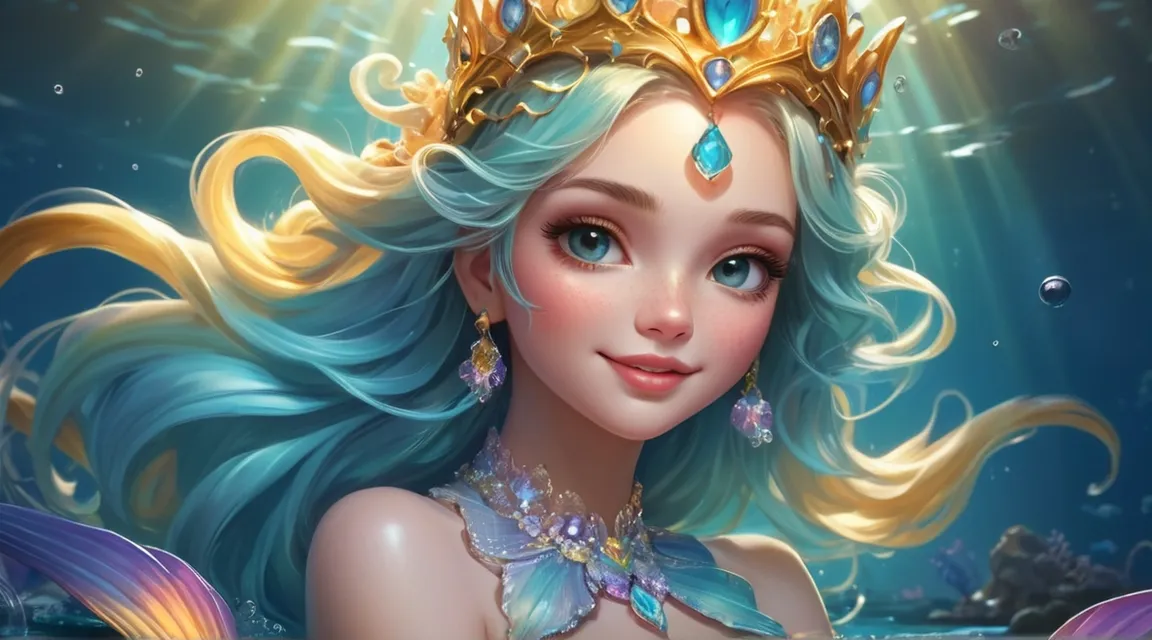 a girl with blue hair wearing a tiara