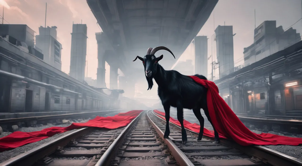 a black goat standing on train tracks in an isolated area, red cloth in its mouth