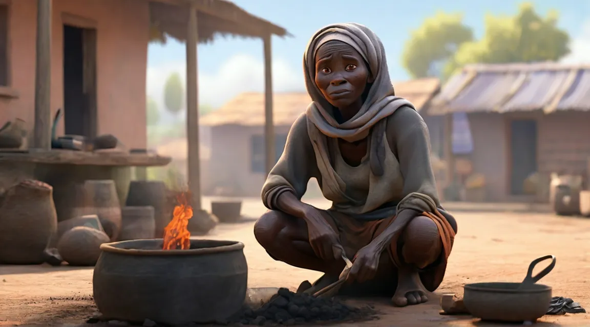 a woman sitting on the ground next to a pot, 3d animation