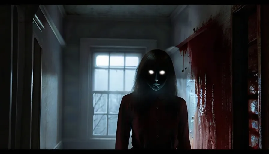  It was then that she saw it – a shadowy figure lurking in the corner of the room, its eyes glowing a deep red.