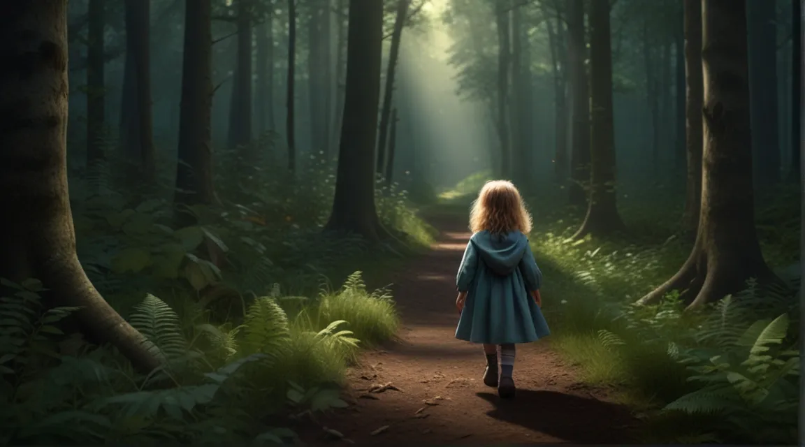 a little girl walking down a path in the woods