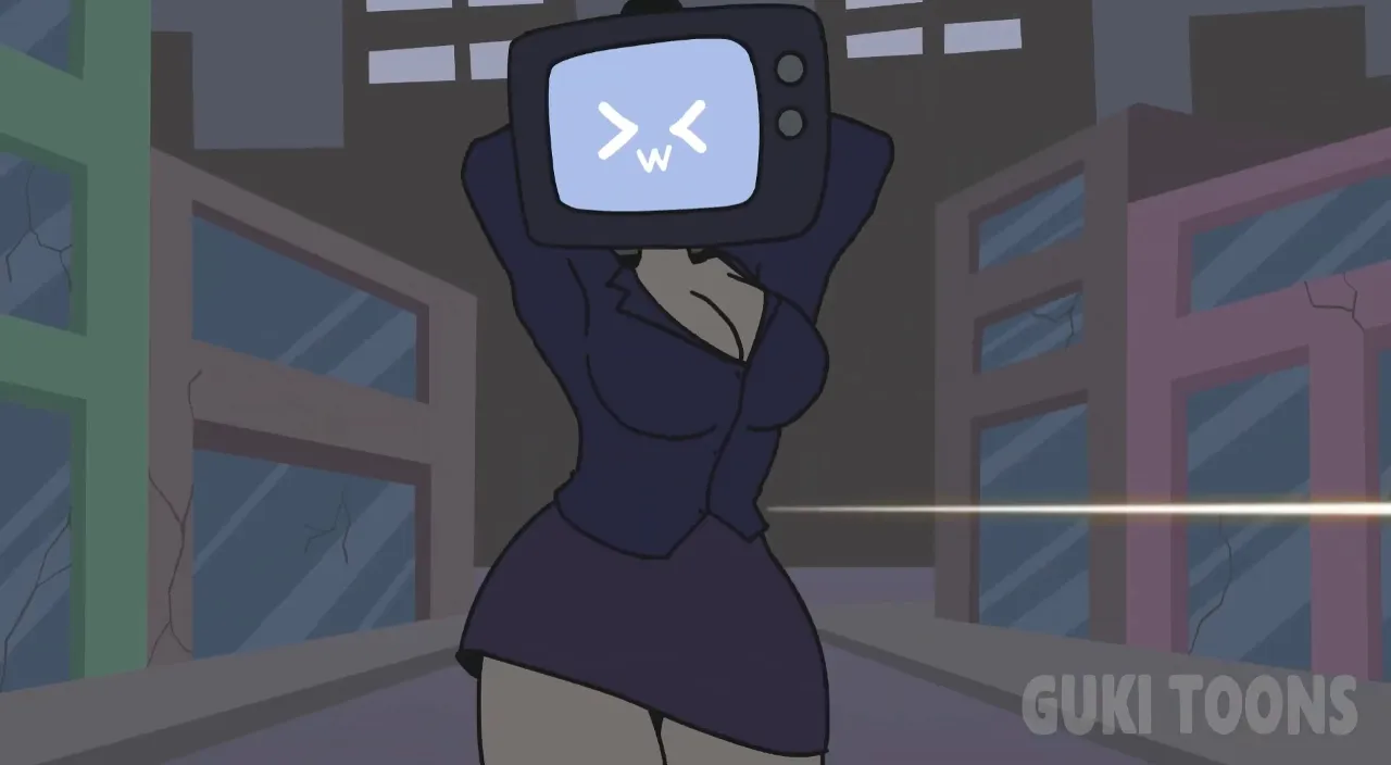 a woman in a short dress holding a tv up to her face