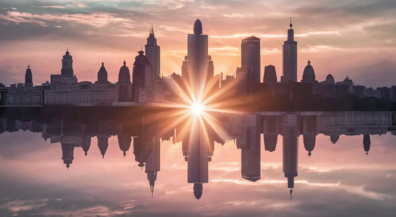 A hopeful image of a sunrise over the city skyline, symbolizing the dawn of a new era of justice and equality.