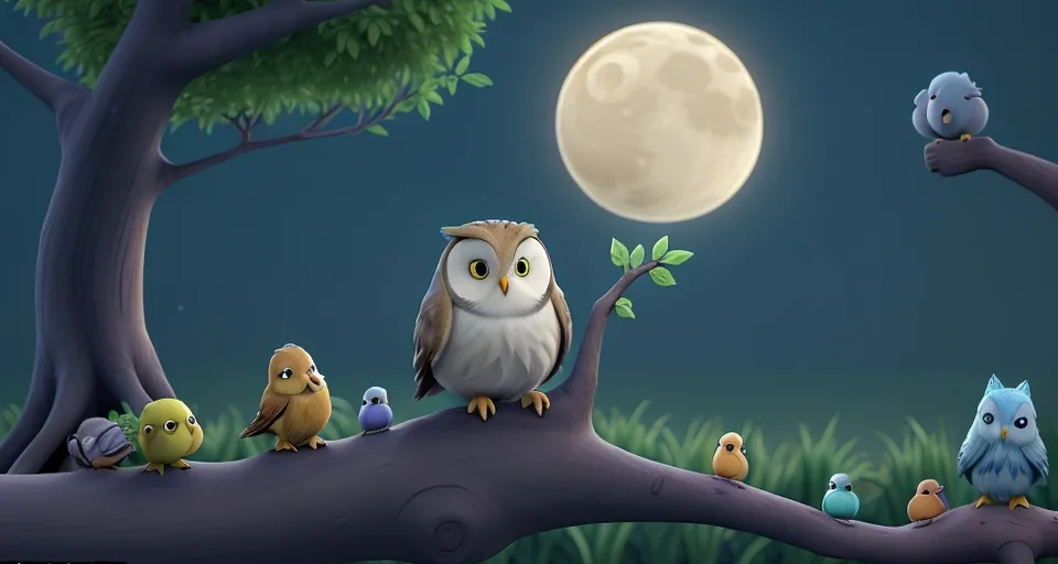 a group of owls sitting on a tree branch with a full moon in the background