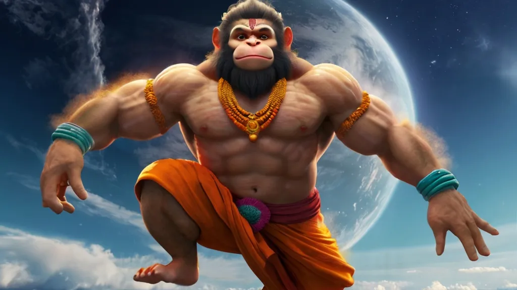 Create a god hanuman with a golden background, 8k, size of 1920x1080, colorful
