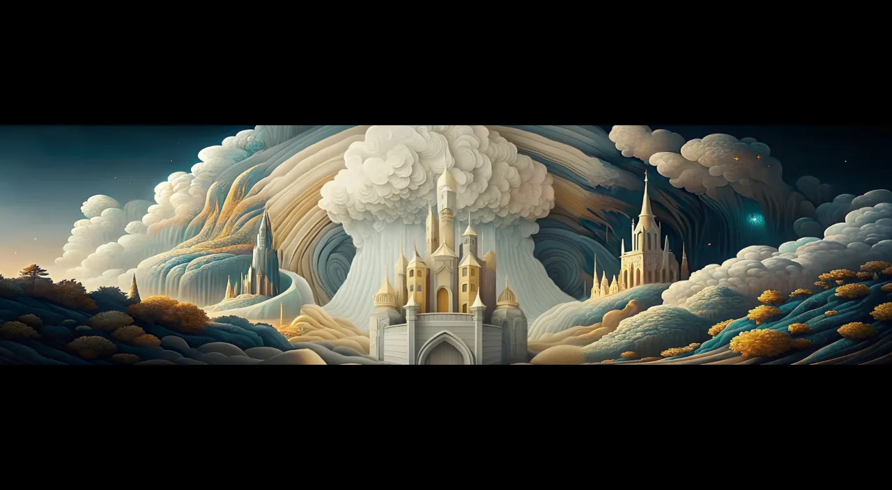 a painting of a castle surrounded by clouds