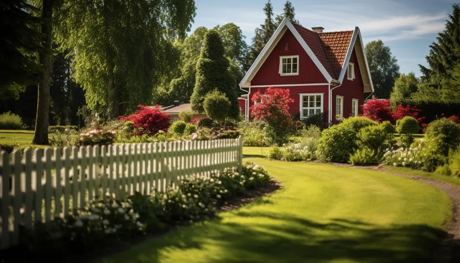 a red house with a white picket fence in front of it