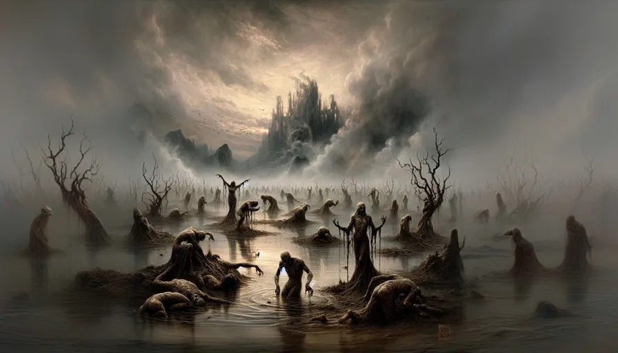 a painting of people in a swampy area with a castle in the background