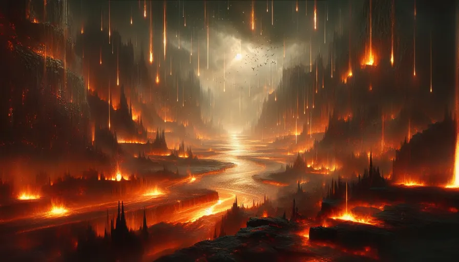 a painting of a river surrounded by fire