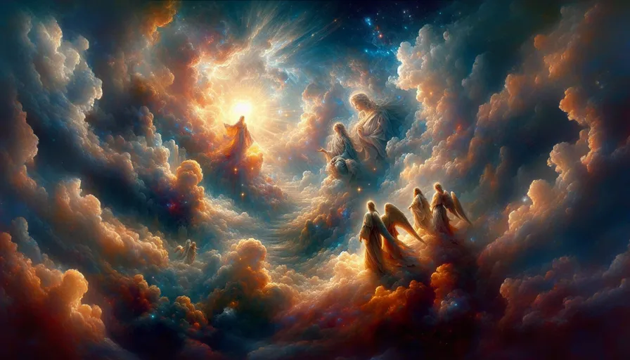 a painting of a group of people surrounded by clouds