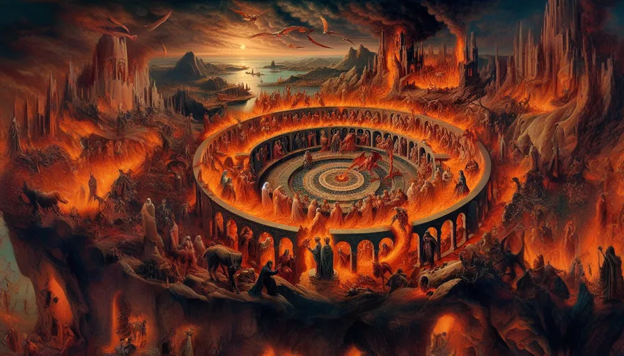 a painting of a ring of fire surrounded by mountains