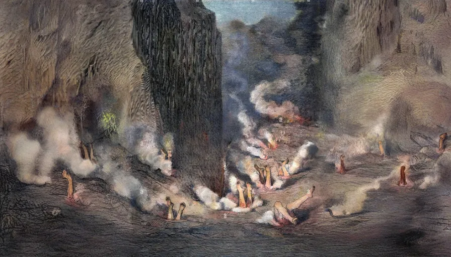 a painting of a group of people standing around a fire