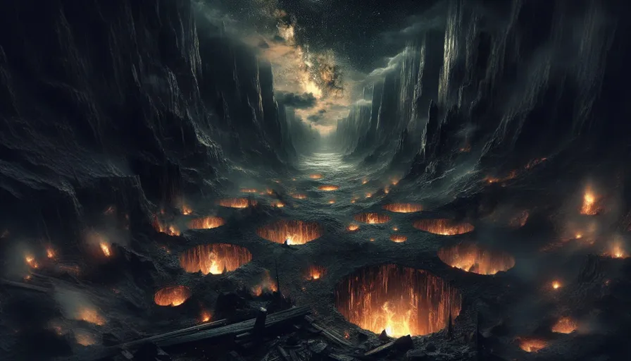 a painting of a dark cave filled with lava