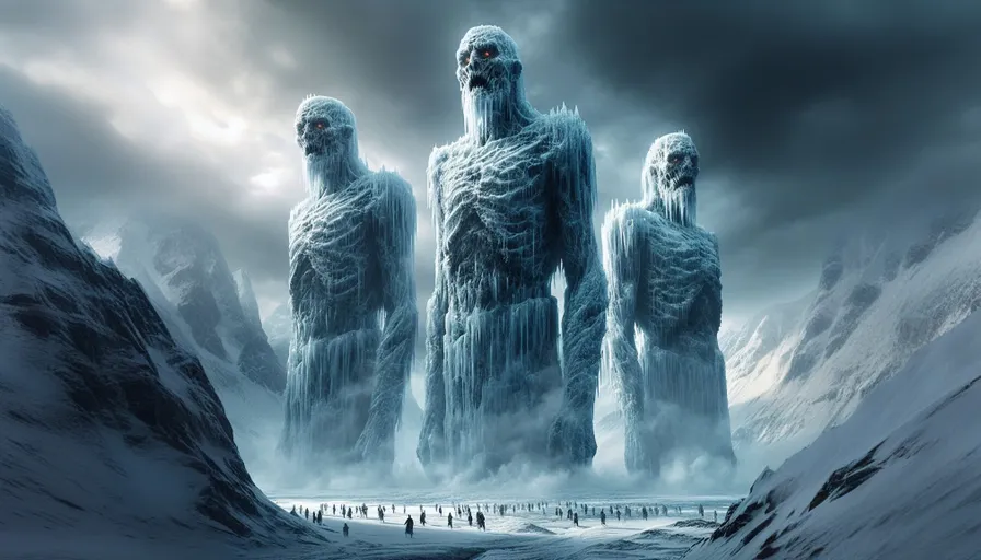 a group of people standing in front of ice covered mountains