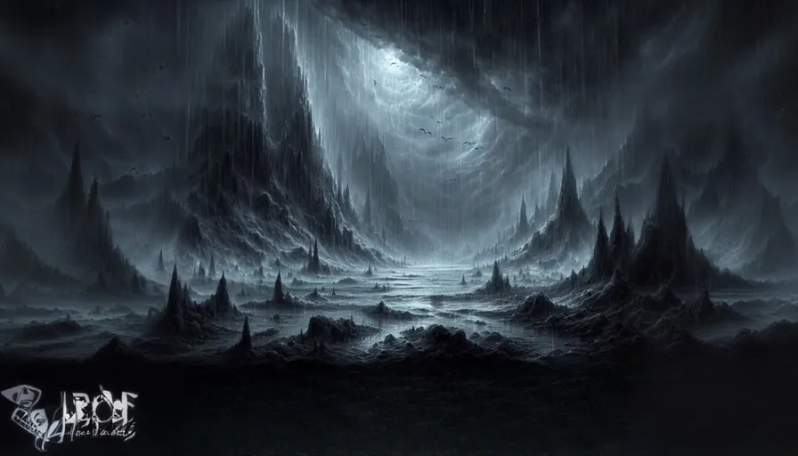 a black and white painting of a dark landscape