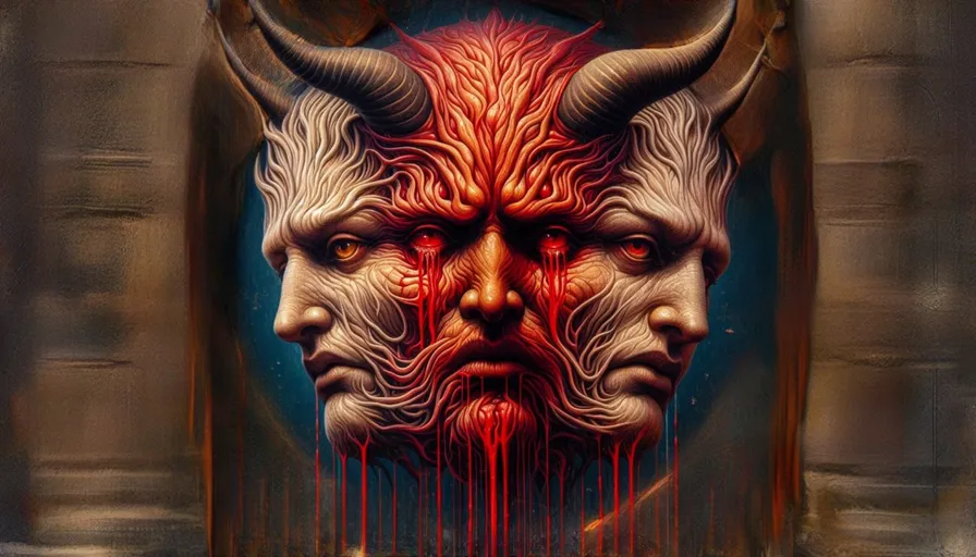 a painting of a demon with red eyes and horns