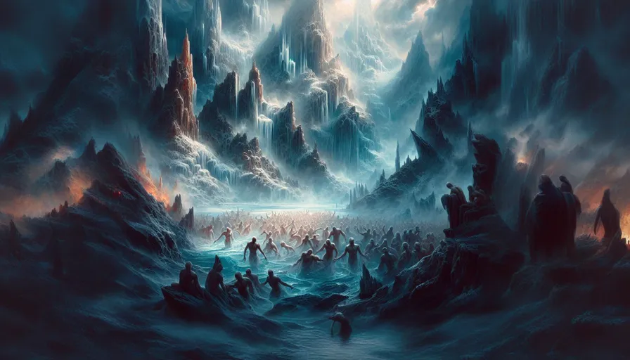 a painting of a group of people in a body of water surrounded by mountains