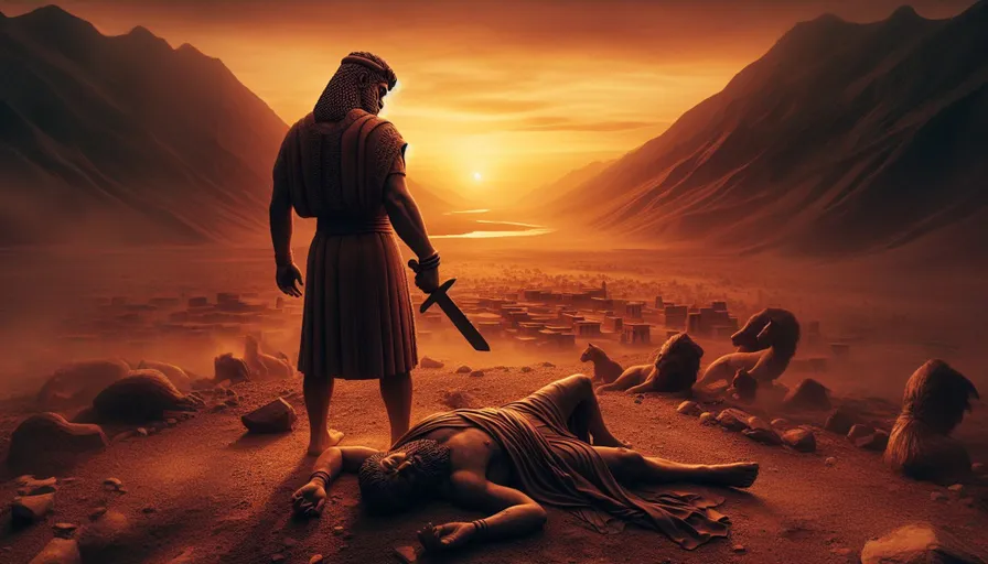 a man with a sword standing next to a dead person