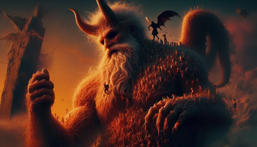 a man with horns and a beard standing in front of a giant demon