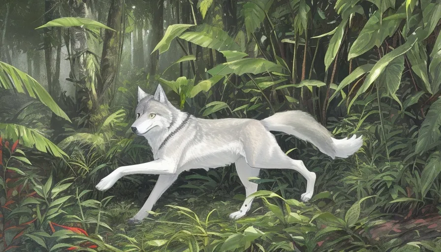 a painting of a white wolf running through a forest