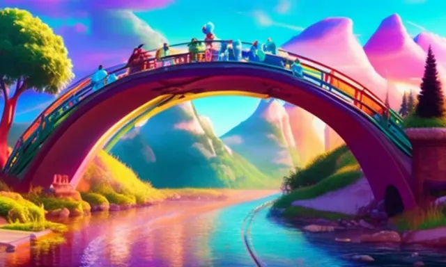 a painting of people on a bridge over a river