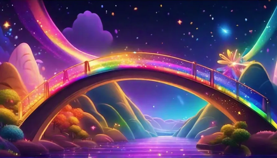 a rainbow bridge over a river with a rainbow sky