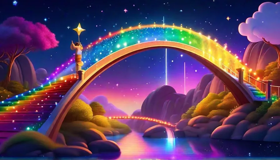 a painting of a rainbow bridge over a body of water