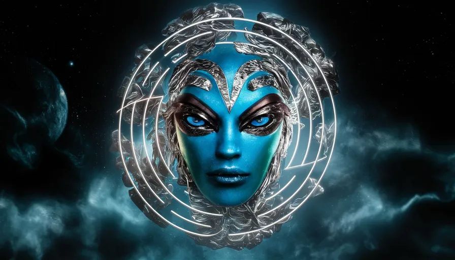 a woman's face with a blue face surrounded by clouds