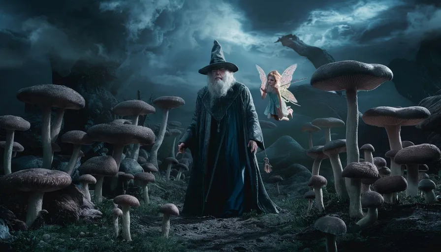 a wizard standing in a field of mushrooms