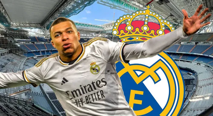 Mbappe in a real madrid uniform with a real madrid logo at the back