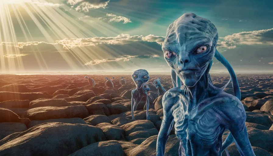 a group of alien standing on top of a rocky field