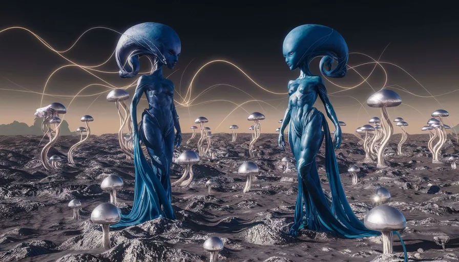 a group of alien women standing on top of a desert