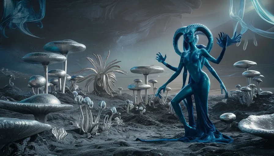 a blue alien standing in the middle of a field of mushrooms