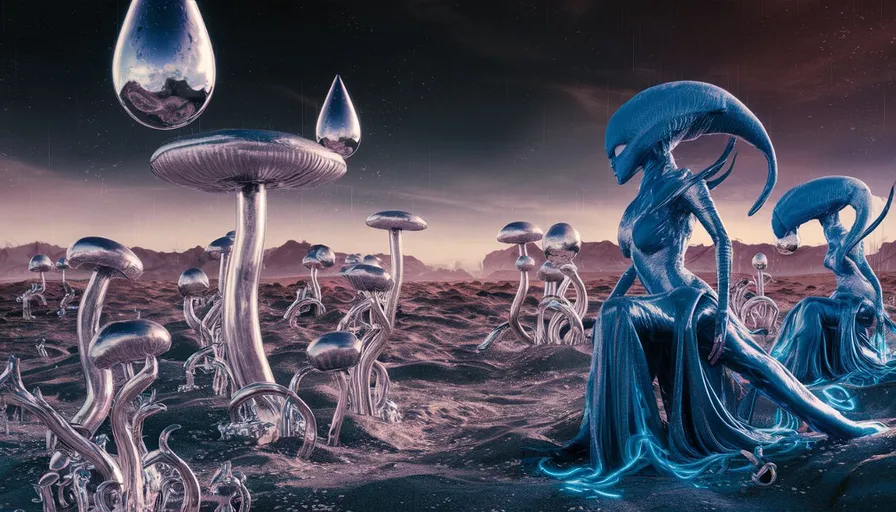 a group of alien like creatures sitting on top of a desert