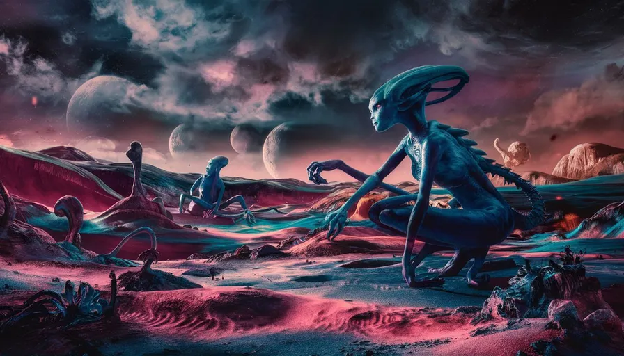 a group of alien like creatures in a desert landscape