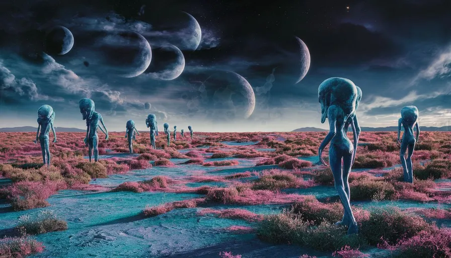 a group of alien standing on top of a grass covered field