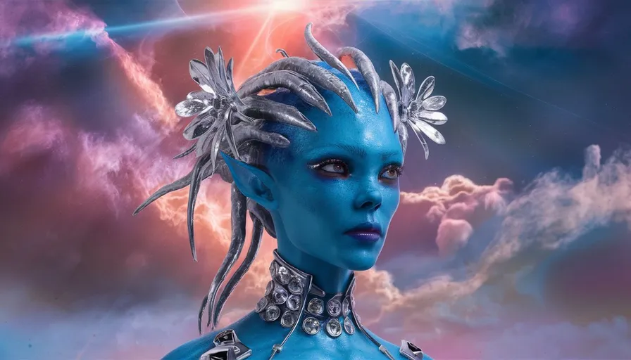 a woman with blue skin and silver hair