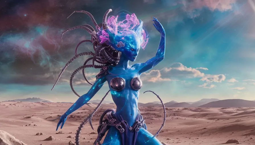 a blue alien woman standing in the middle of a desert