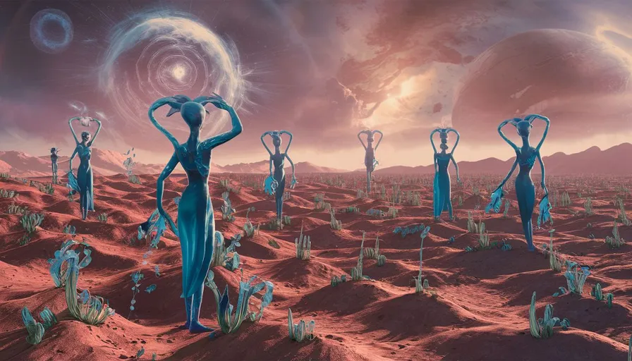 a group of alien like creatures standing in a desert