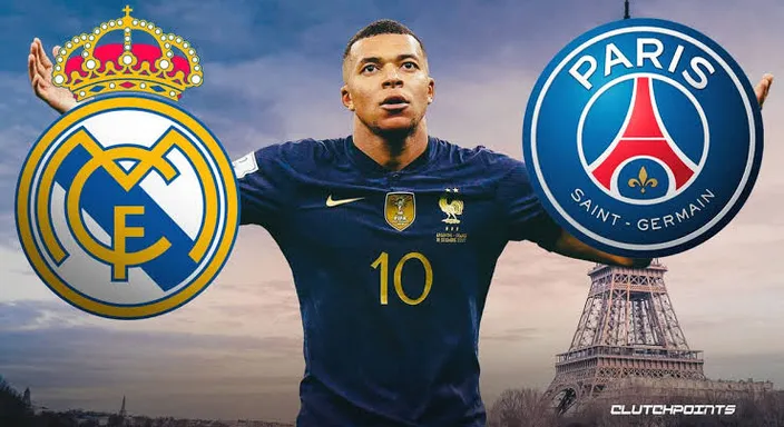 Mbappe with a real madrid club in front of the eiffel tower