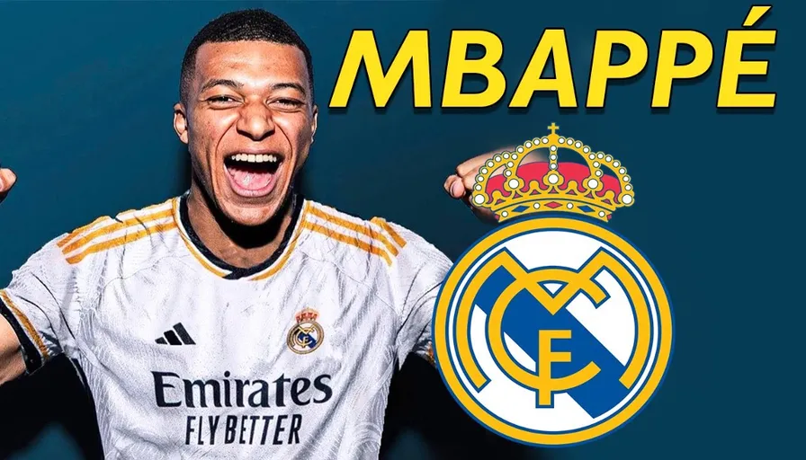 Kylian mbappe with a real madrid club logo at the background