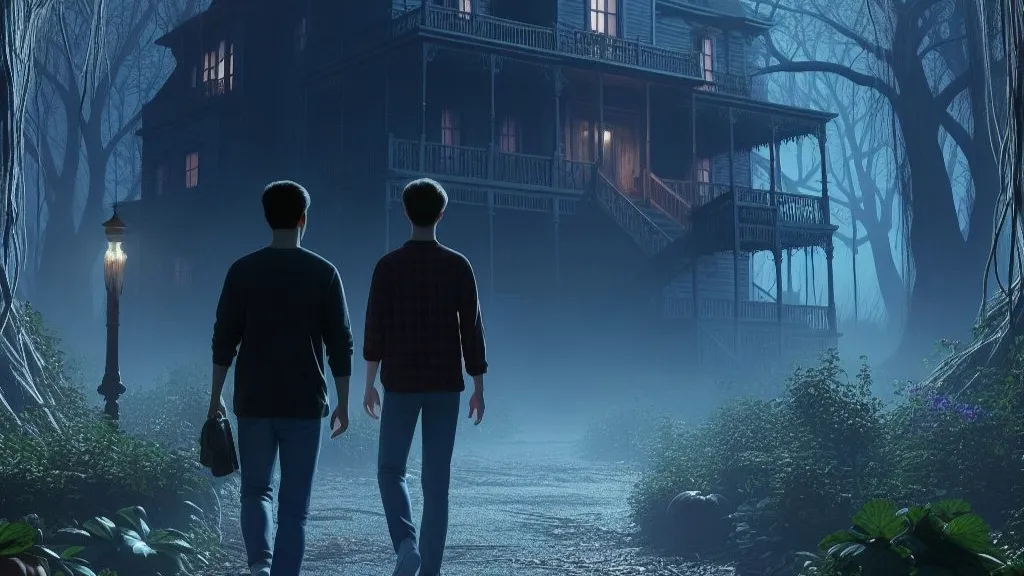 Two young men going inside a big haunted house, night time, dense forest, 3d animated