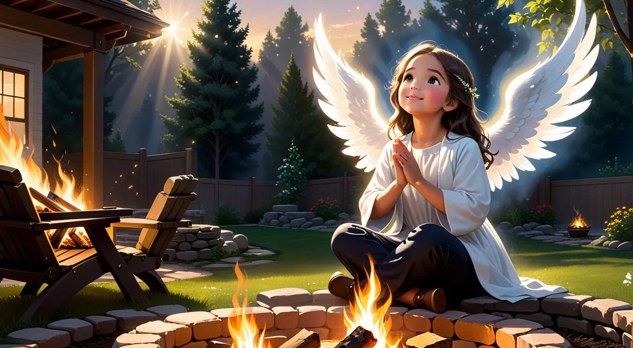 a painting of a girl sitting on a fire pit