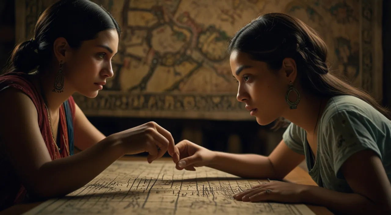 Close-up of Maya scrutinizing the ancient map, her finger tracing the old symbols. The camera shows Jake and the others curiously looking at the map, speculating about its origins.