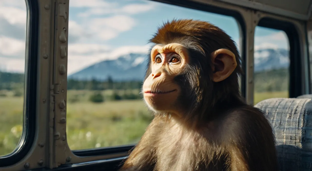 a monkey sitting in the passenger seat of a vehicle