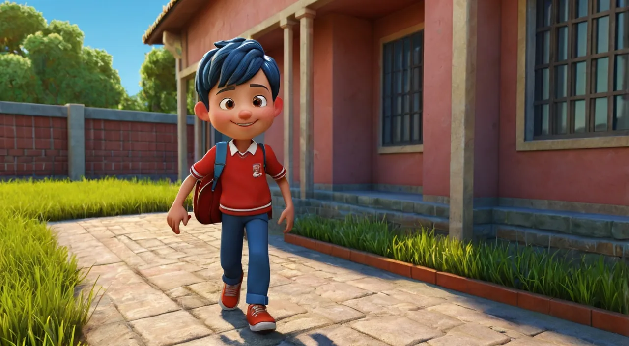 a young boy walking down a sidewalk next to a building