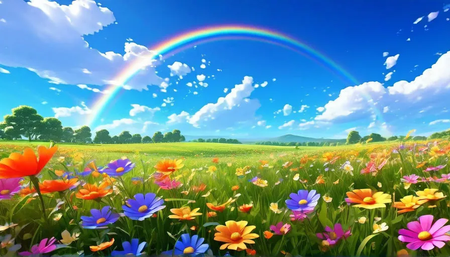 a field full of flowers and a rainbow in the sky