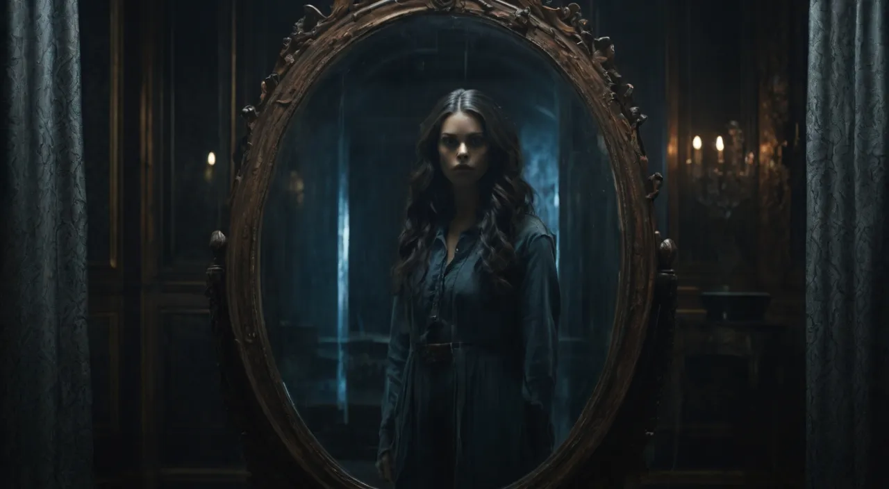 A woman stands in front of a mirror, her image inside the mirror is moving, and the woman is standing in place